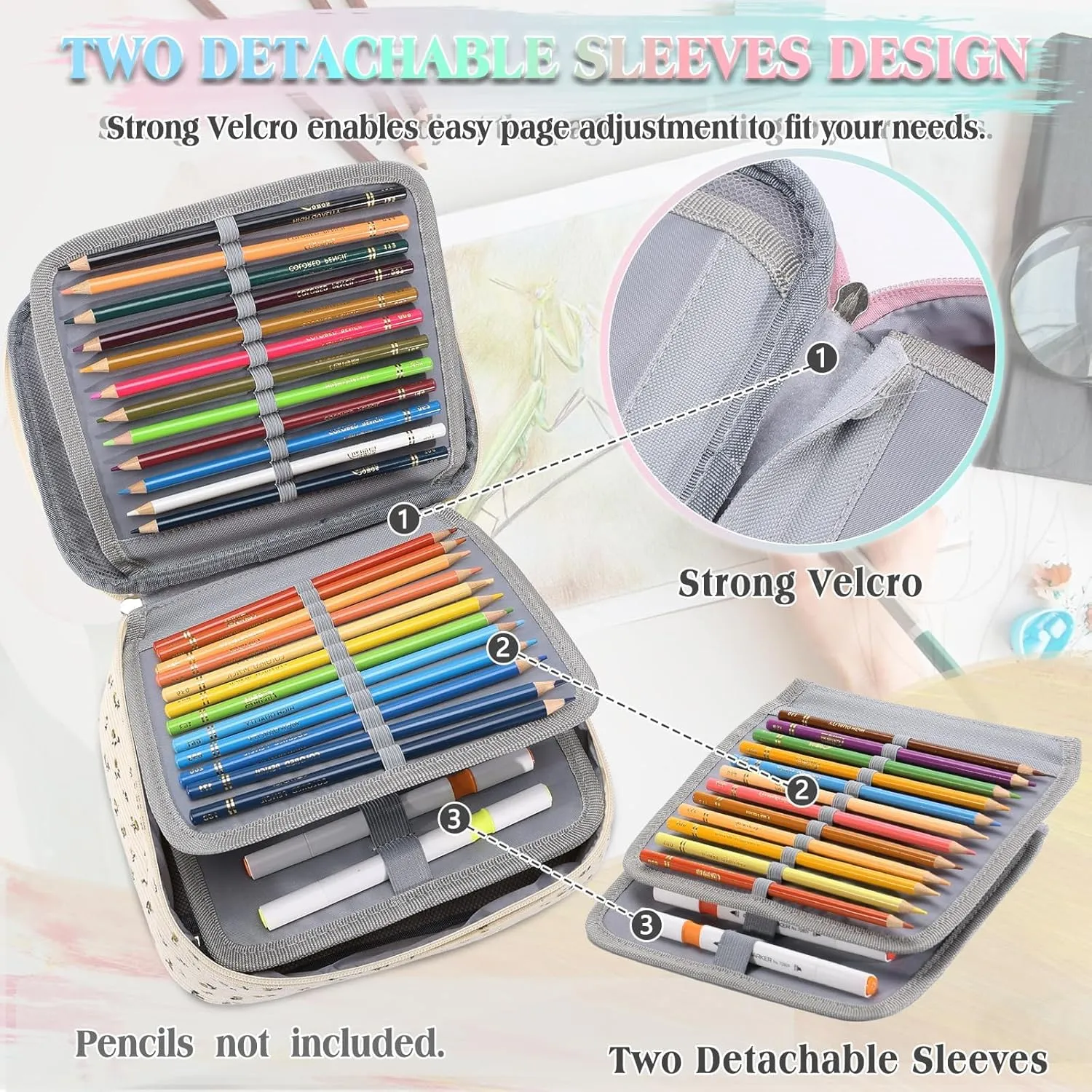 Large Pen Pencil Case,VONXURY High Capacity Art Colored Pencil Pouch Portable Stationery Organizer With 2 Detachable Layers 54 Slots Multiple Zipper Pockets for School Office College