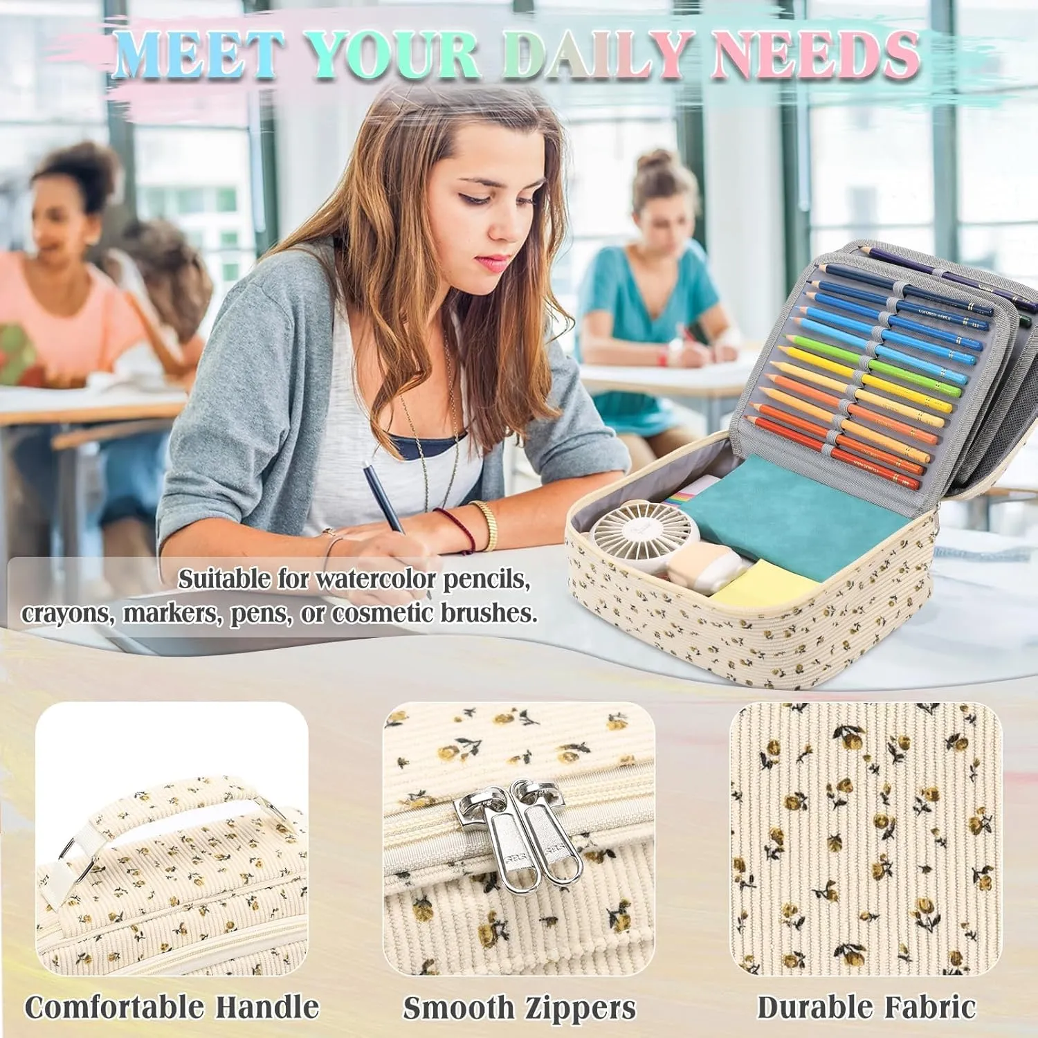Large Pen Pencil Case,VONXURY High Capacity Art Colored Pencil Pouch Portable Stationery Organizer With 2 Detachable Layers 54 Slots Multiple Zipper Pockets for School Office College