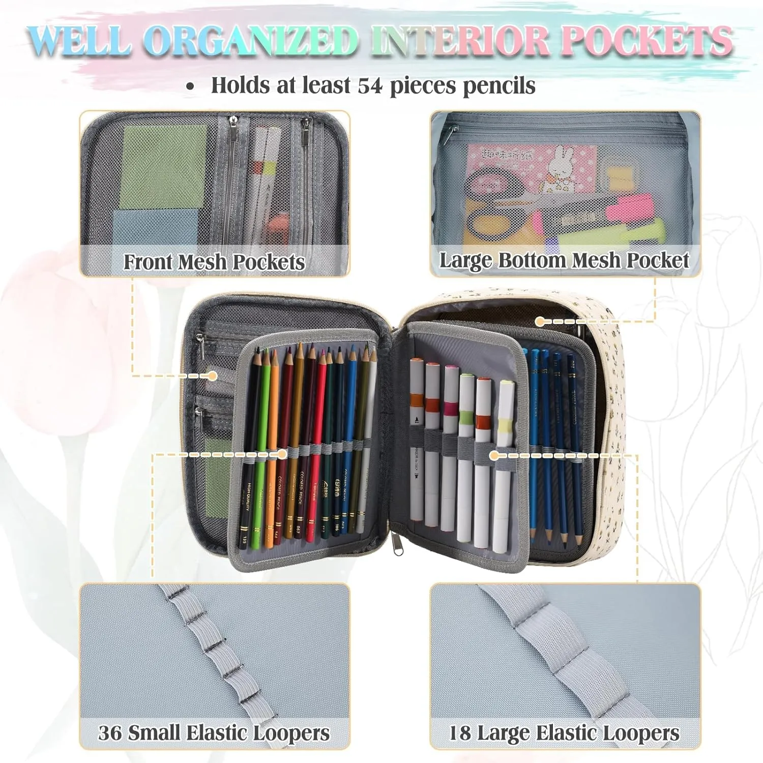 Large Pen Pencil Case,VONXURY High Capacity Art Colored Pencil Pouch Portable Stationery Organizer With 2 Detachable Layers 54 Slots Multiple Zipper Pockets for School Office College