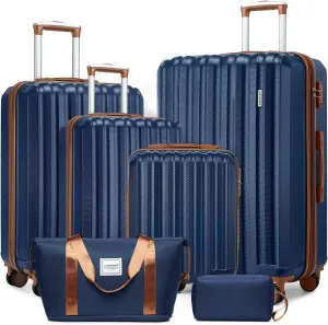 LARVENDER Luggage Set 6 Piece Large Suitcases with Wheels, Suitcase Set ABS Hard Shell Luggage Sets with Spinner Wheels, Carry On Luggage TSA Lock Travel Luggage for Men Women(Navy Blue)