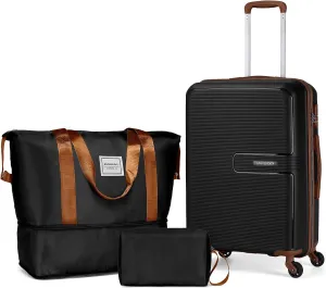 LARVENDER Luggage Sets 3 Piece, Hardside 20 IN Carry on Luggage Airline Approved Suitcase Sets with Spinner Wheels, Lightweight Rolling Suitcase for Men and Women, Black Brown