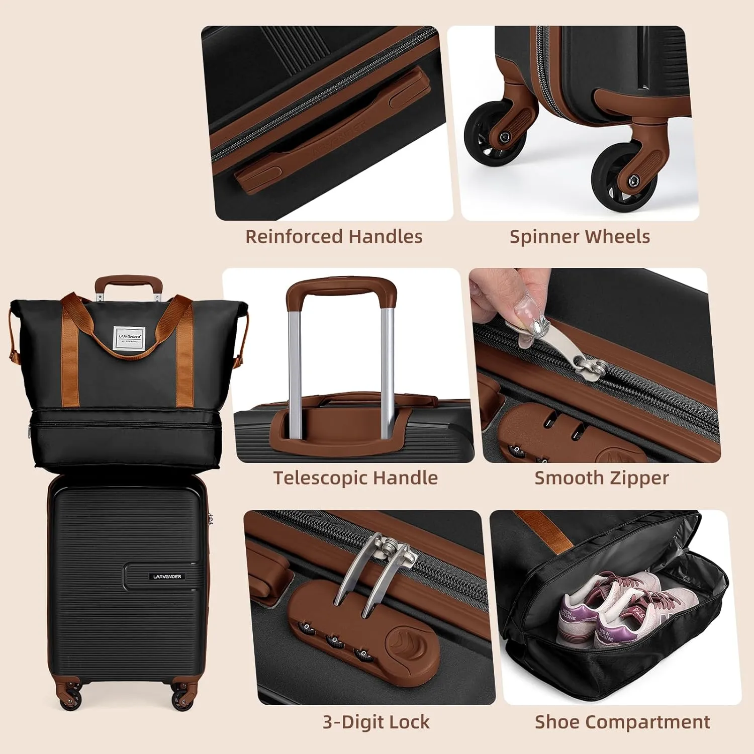 LARVENDER Luggage Sets 3 Piece, Hardside 20 IN Carry on Luggage Airline Approved Suitcase Sets with Spinner Wheels, Lightweight Rolling Suitcase for Men and Women, Black Brown