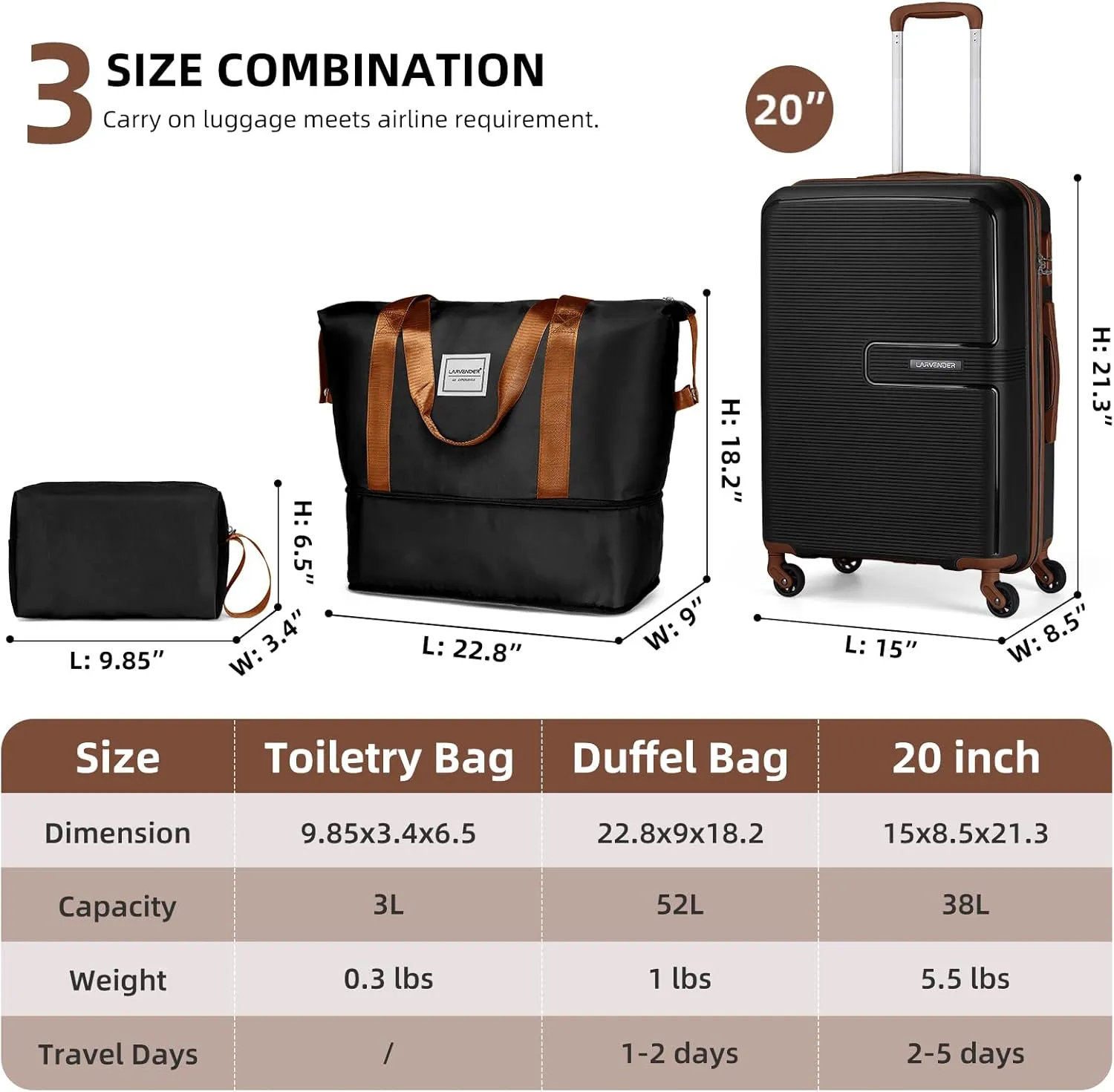LARVENDER Luggage Sets 3 Piece, Hardside 20 IN Carry on Luggage Airline Approved Suitcase Sets with Spinner Wheels, Lightweight Rolling Suitcase for Men and Women, Black Brown