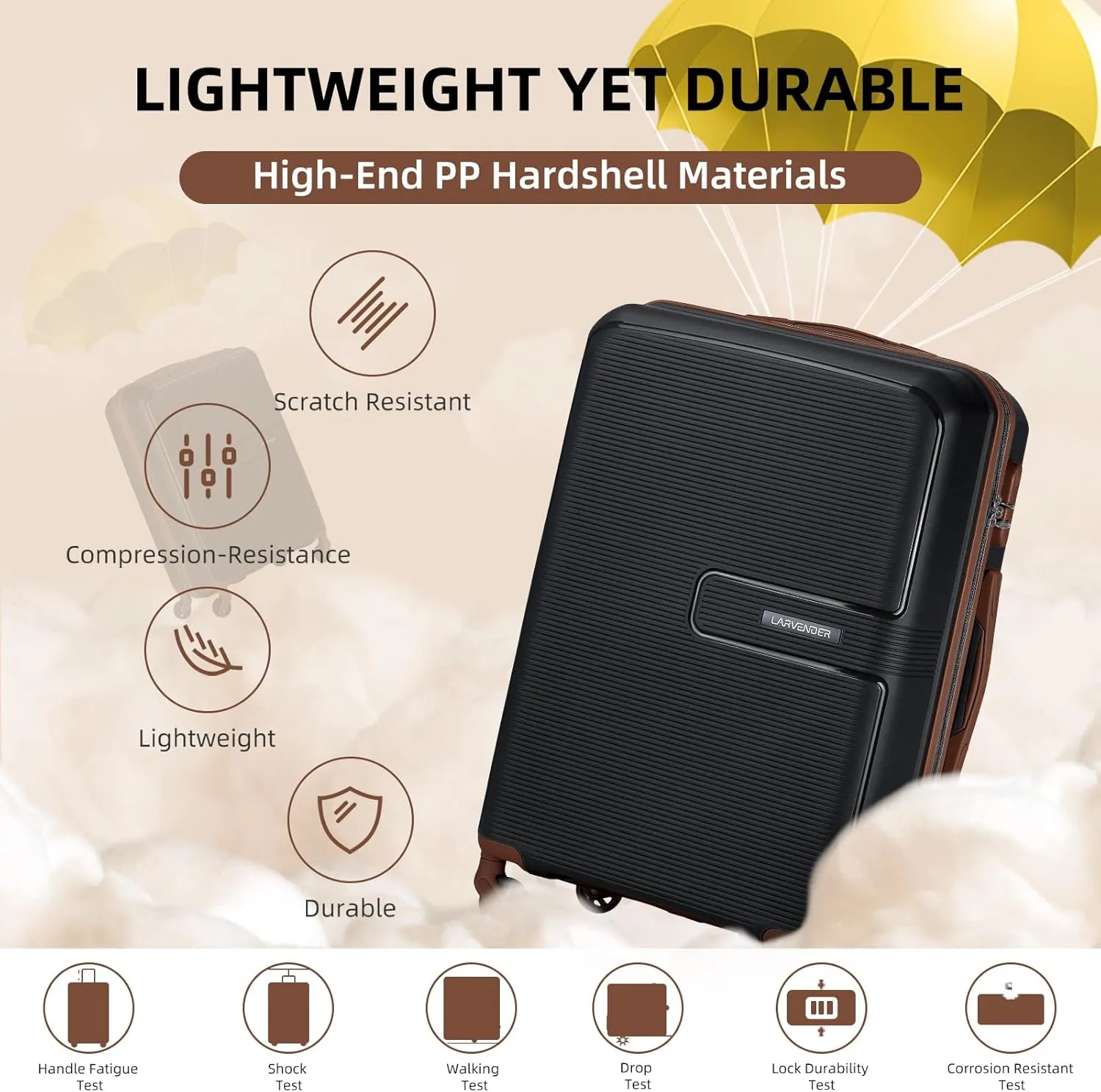 LARVENDER Luggage Sets 3 Piece, Hardside 20 IN Carry on Luggage Airline Approved Suitcase Sets with Spinner Wheels, Lightweight Rolling Suitcase for Men and Women, Black Brown