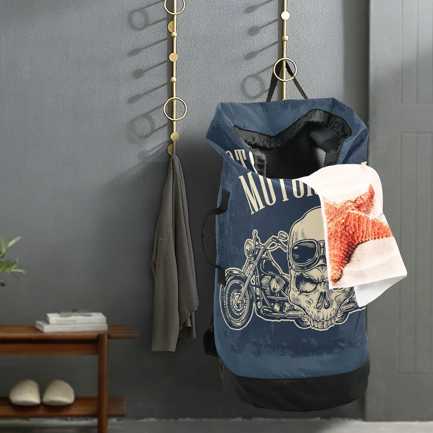 Laundry Backpack Bag Hamper Basket Extra Large Heavy Duty for Dirty Clothes Adjusted Straps for Camp College Dorm Gym Hotel Home 29.3x14.5Inch Navy Blue Skull