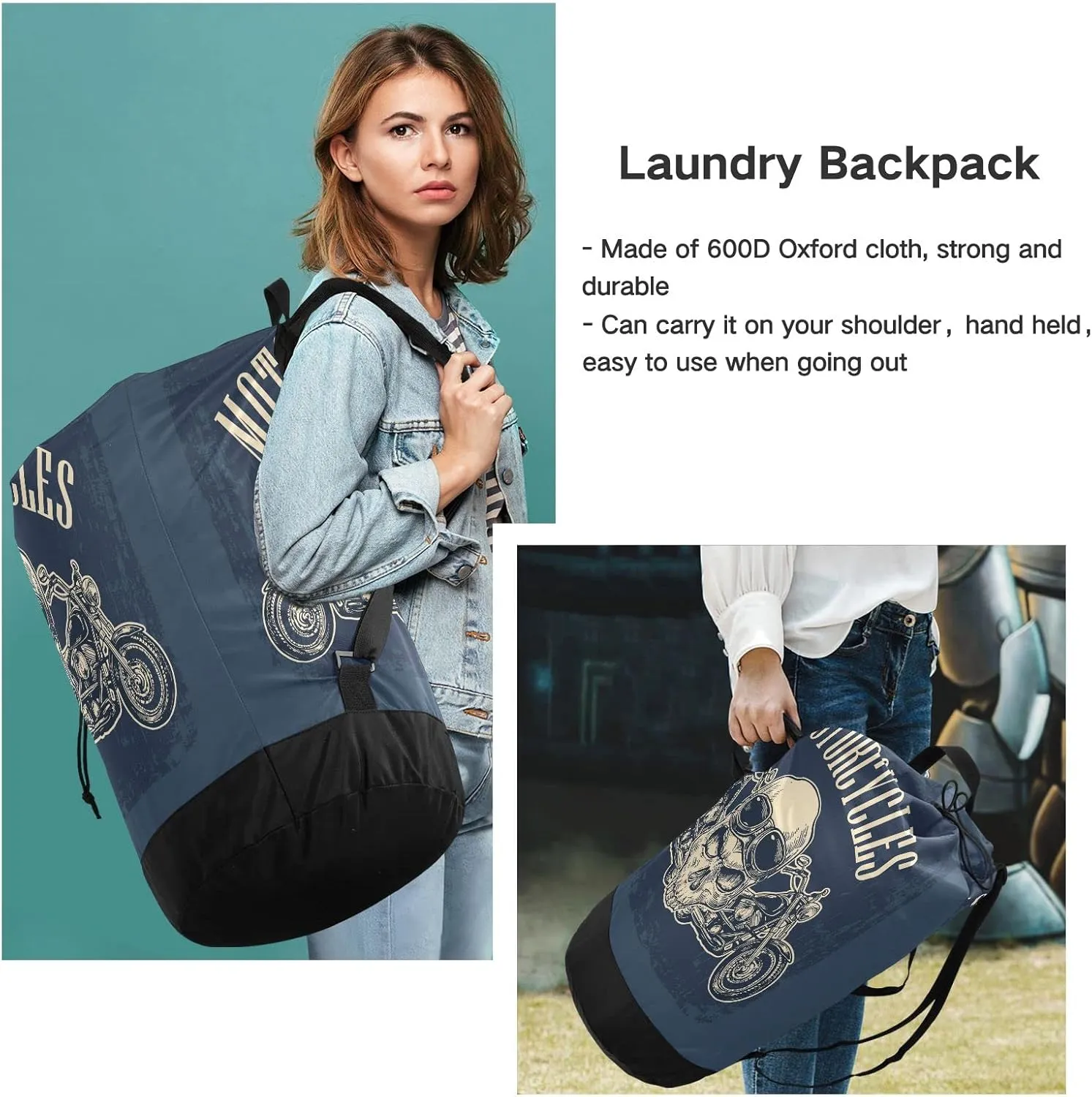 Laundry Backpack Bag Hamper Basket Extra Large Heavy Duty for Dirty Clothes Adjusted Straps for Camp College Dorm Gym Hotel Home 29.3x14.5Inch Navy Blue Skull