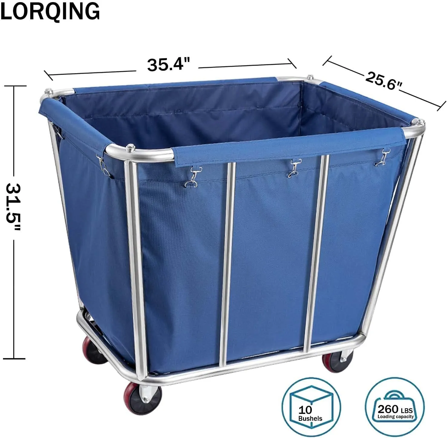 Laundry Cart Commercial/Home,10 Bushels Heavy Duty Large Stainless Steel Rolling Laundry Basket with Wheels，for Laundry/Toys/Sundries Organizer and Storage,260LBS Load