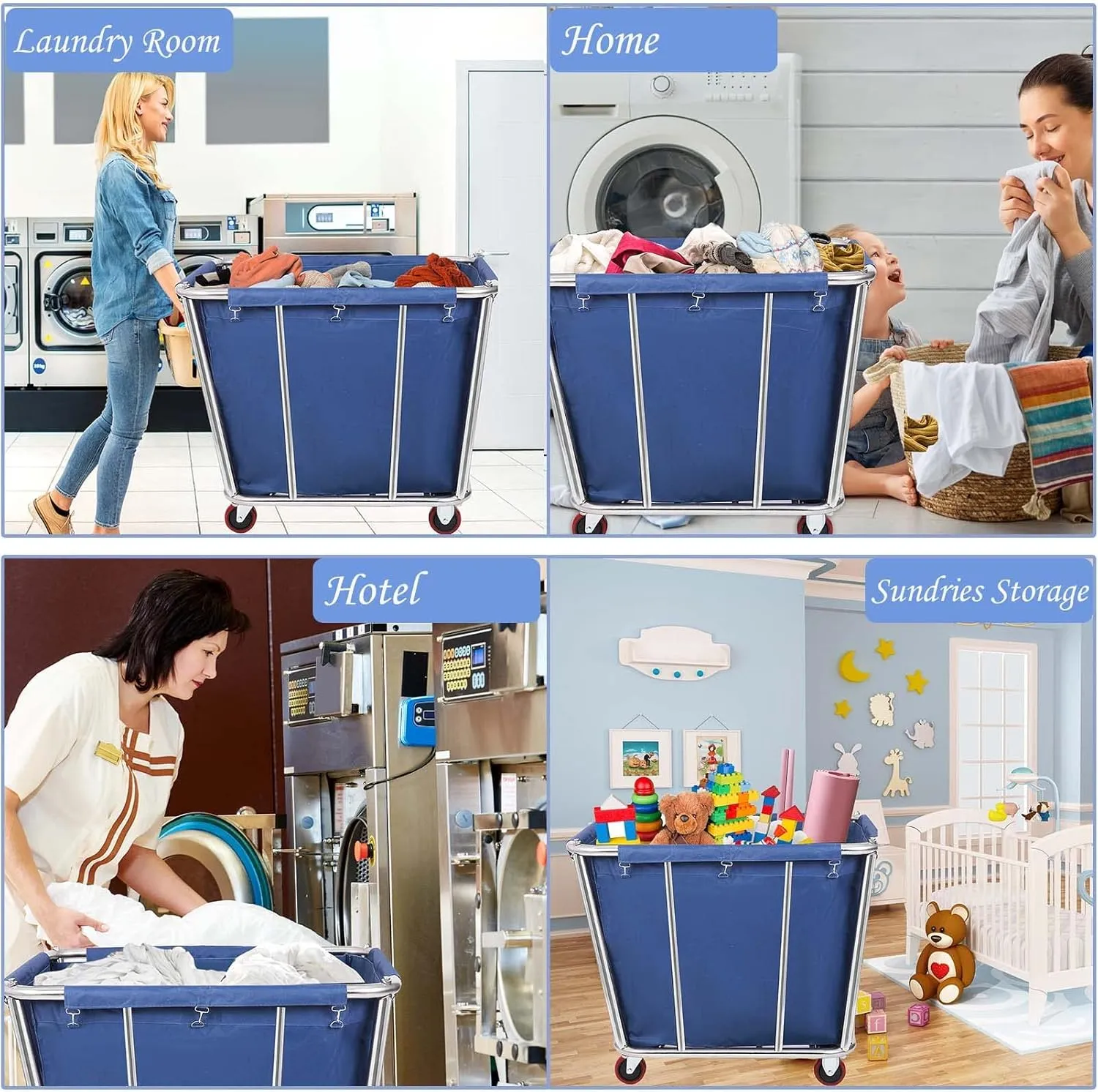Laundry Cart Commercial/Home,10 Bushels Heavy Duty Large Stainless Steel Rolling Laundry Basket with Wheels，for Laundry/Toys/Sundries Organizer and Storage,260LBS Load