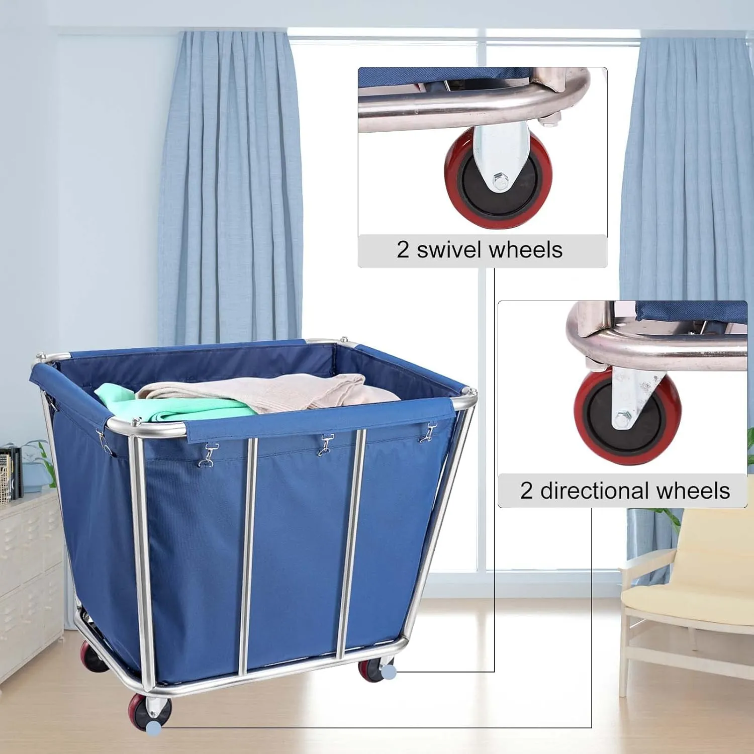 Laundry Cart Commercial/Home,10 Bushels Heavy Duty Large Stainless Steel Rolling Laundry Basket with Wheels，for Laundry/Toys/Sundries Organizer and Storage,260LBS Load