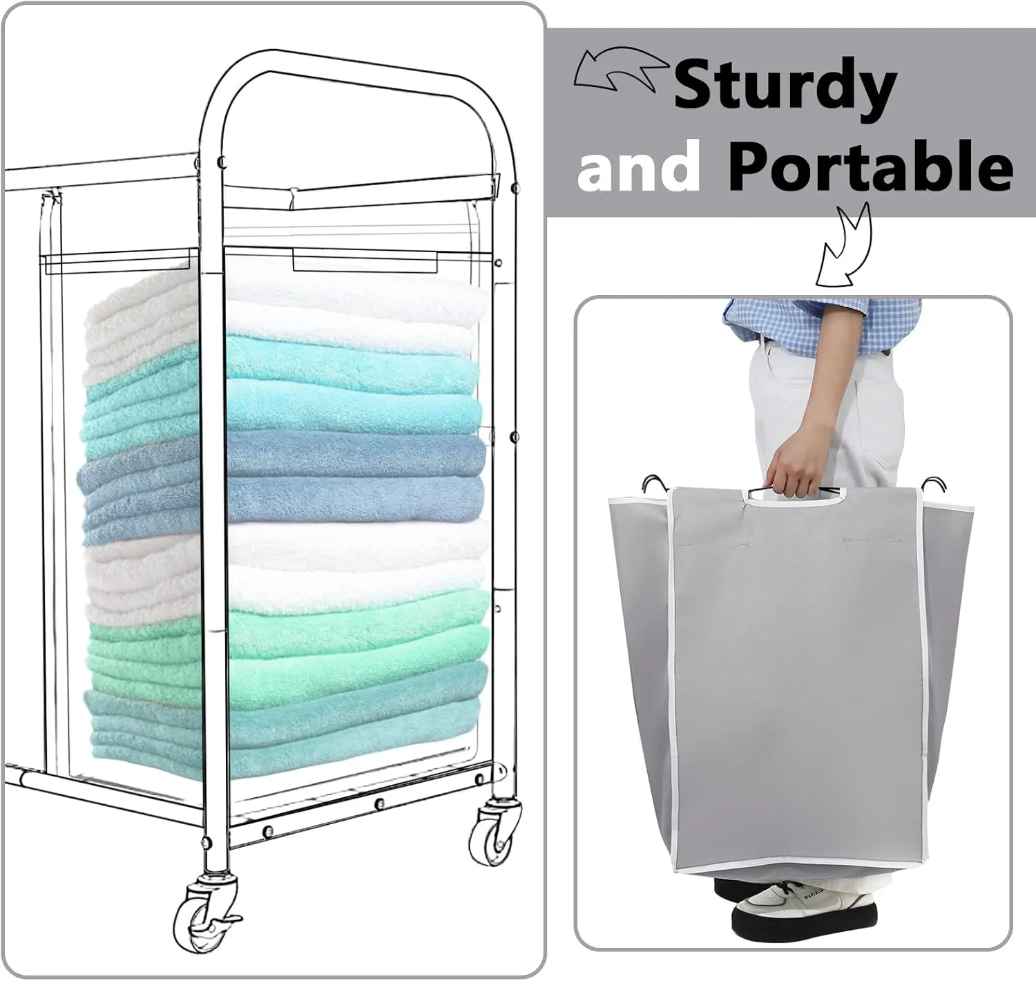 Laundry Sorter Replacement Bags Hamper Cart Removable Replacement Laundry Storage Organizer Bag Hamper Liner, No Hooks 14.76 x 8.66 x 21.65 Inch(Gray,2 Pcs)