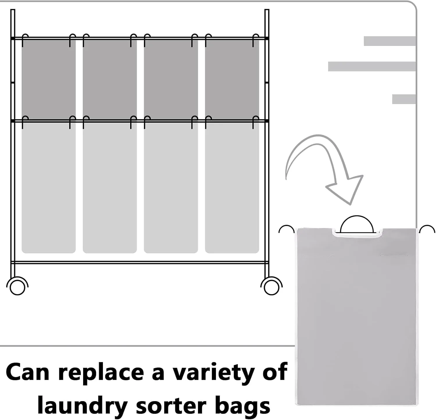 Laundry Sorter Replacement Bags Hamper Cart Removable Replacement Laundry Storage Organizer Bag Hamper Liner, No Hooks 14.76 x 8.66 x 21.65 Inch(Gray,2 Pcs)