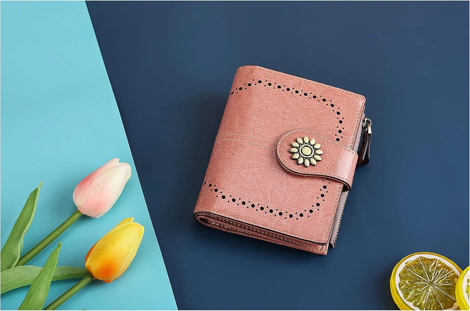 Lavemi Womens Leather Wallet Small Compact RFID Blocking Credit Card Case Purse with Zipper Pocket
