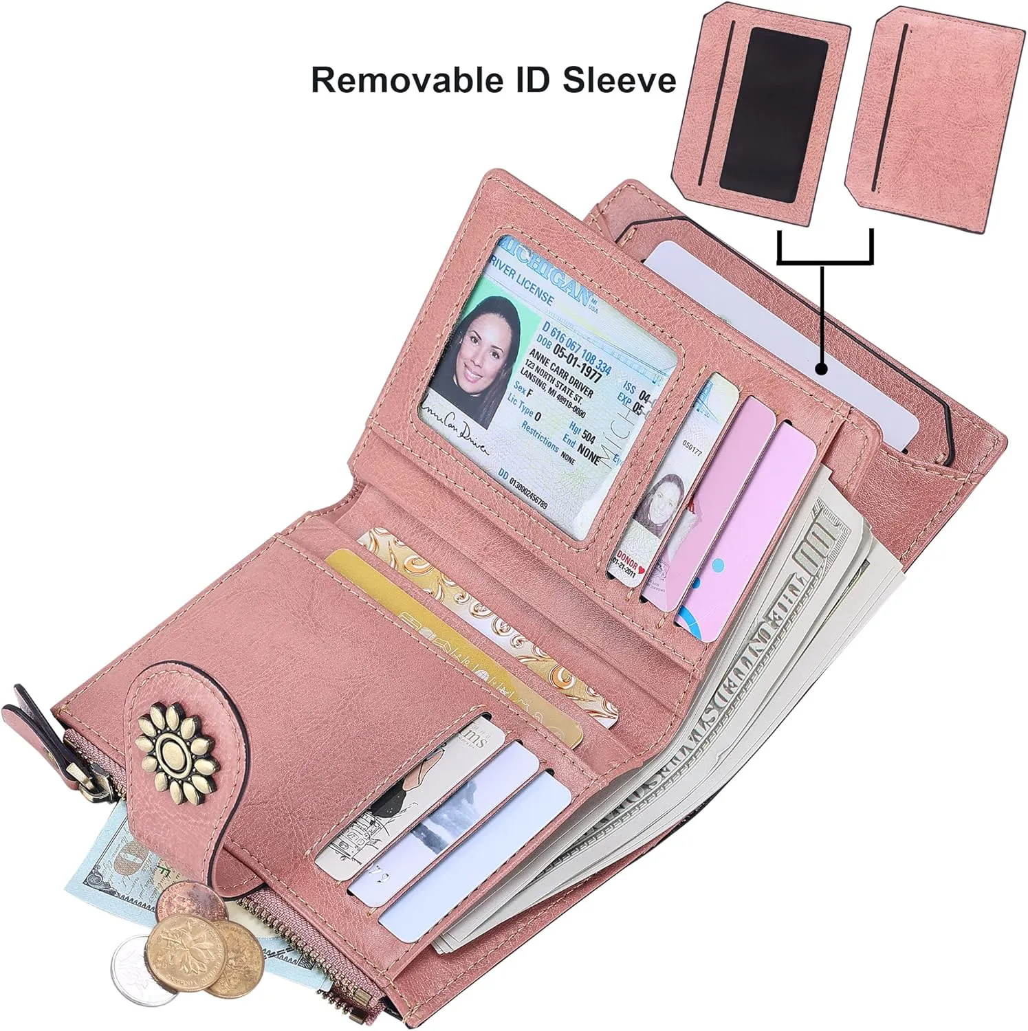 Lavemi Womens Leather Wallet Small Compact RFID Blocking Credit Card Case Purse with Zipper Pocket