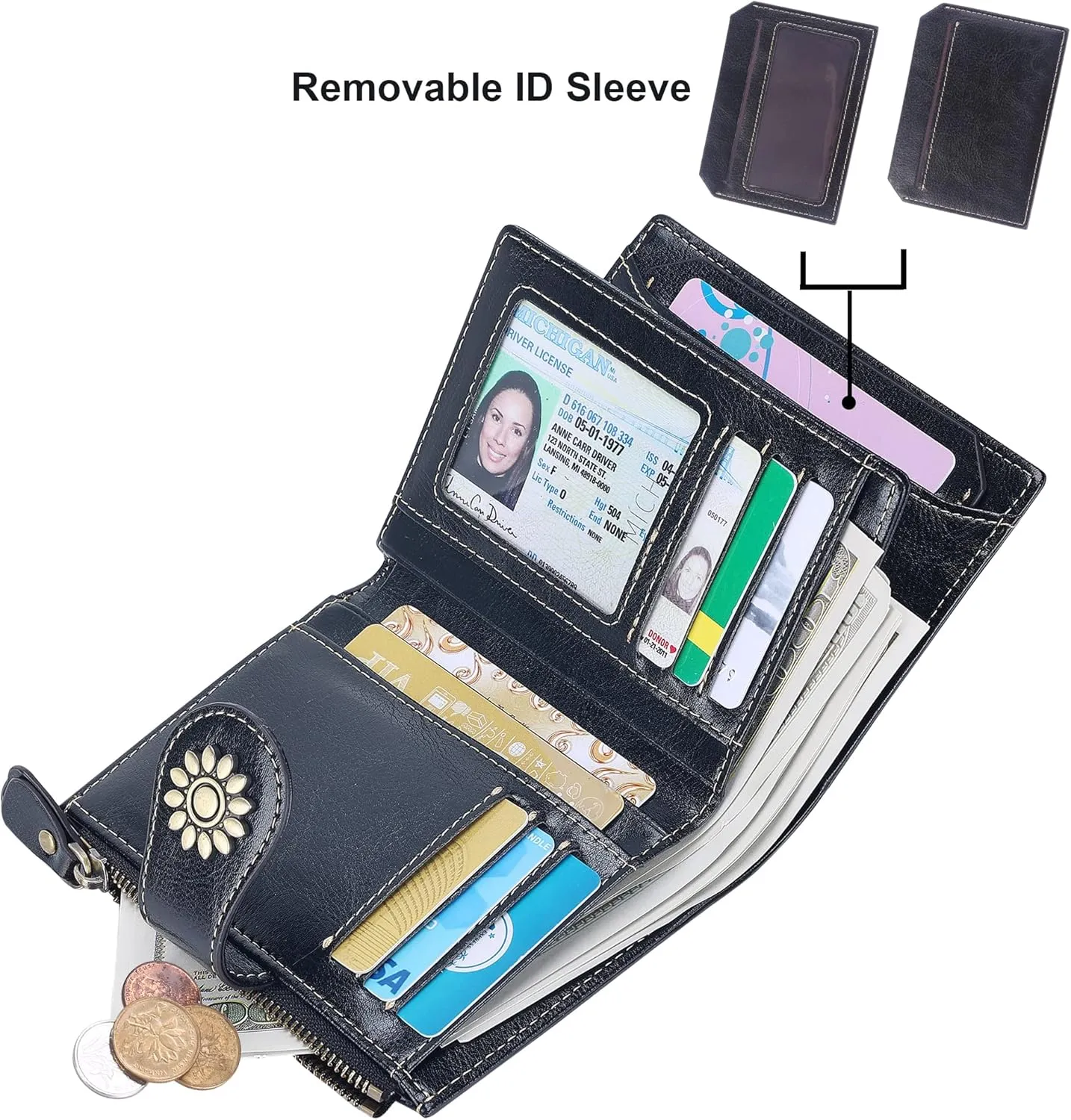 Lavemi Womens Leather Wallet Small Compact RFID Blocking Credit Card Case Purse with Zipper Pocket