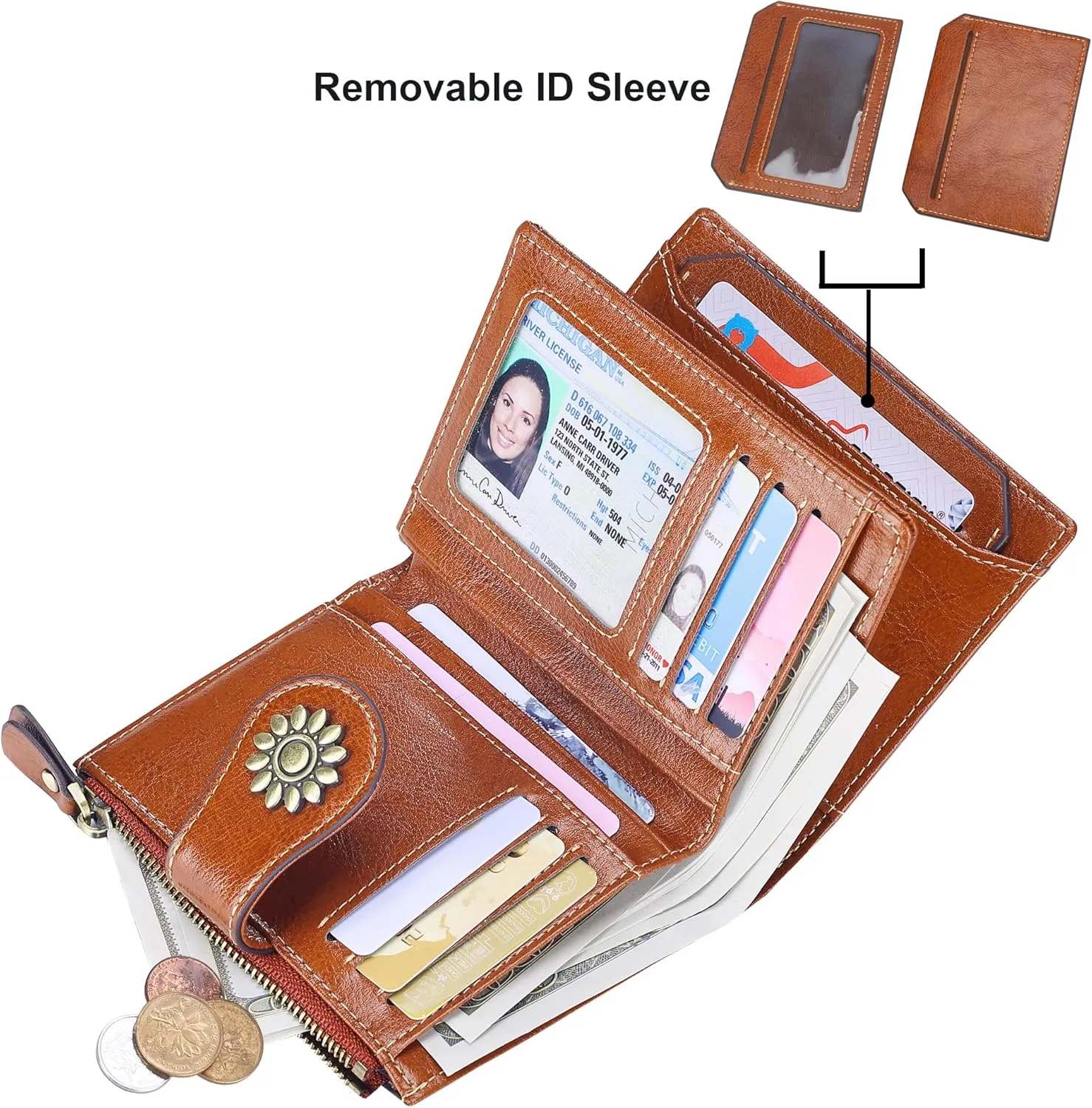 Lavemi Womens Leather Wallet Small Compact RFID Blocking Credit Card Case Purse with Zipper Pocket