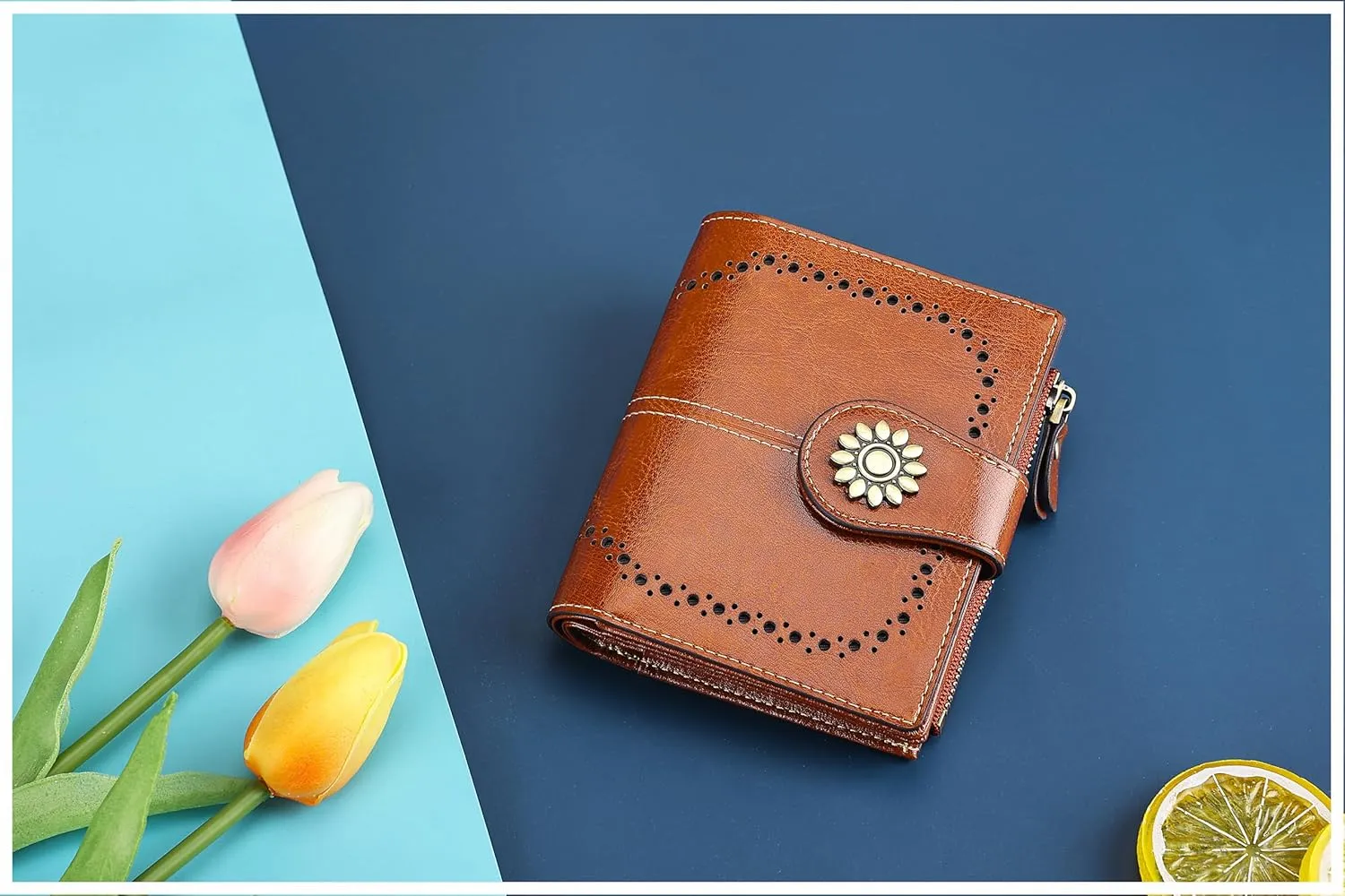 Lavemi Womens Leather Wallet Small Compact RFID Blocking Credit Card Case Purse with Zipper Pocket