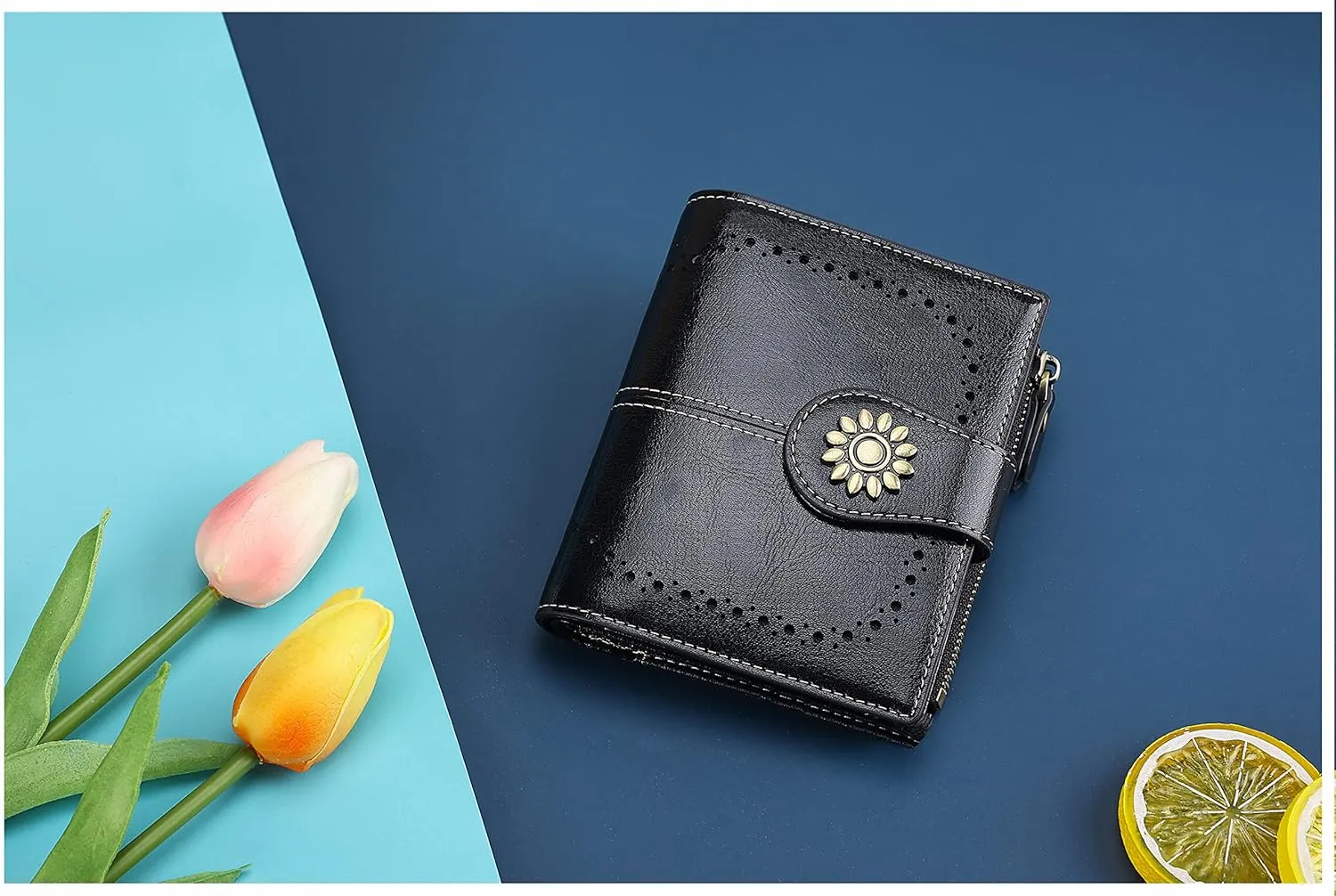 Lavemi Womens Leather Wallet Small Compact RFID Blocking Credit Card Case Purse with Zipper Pocket