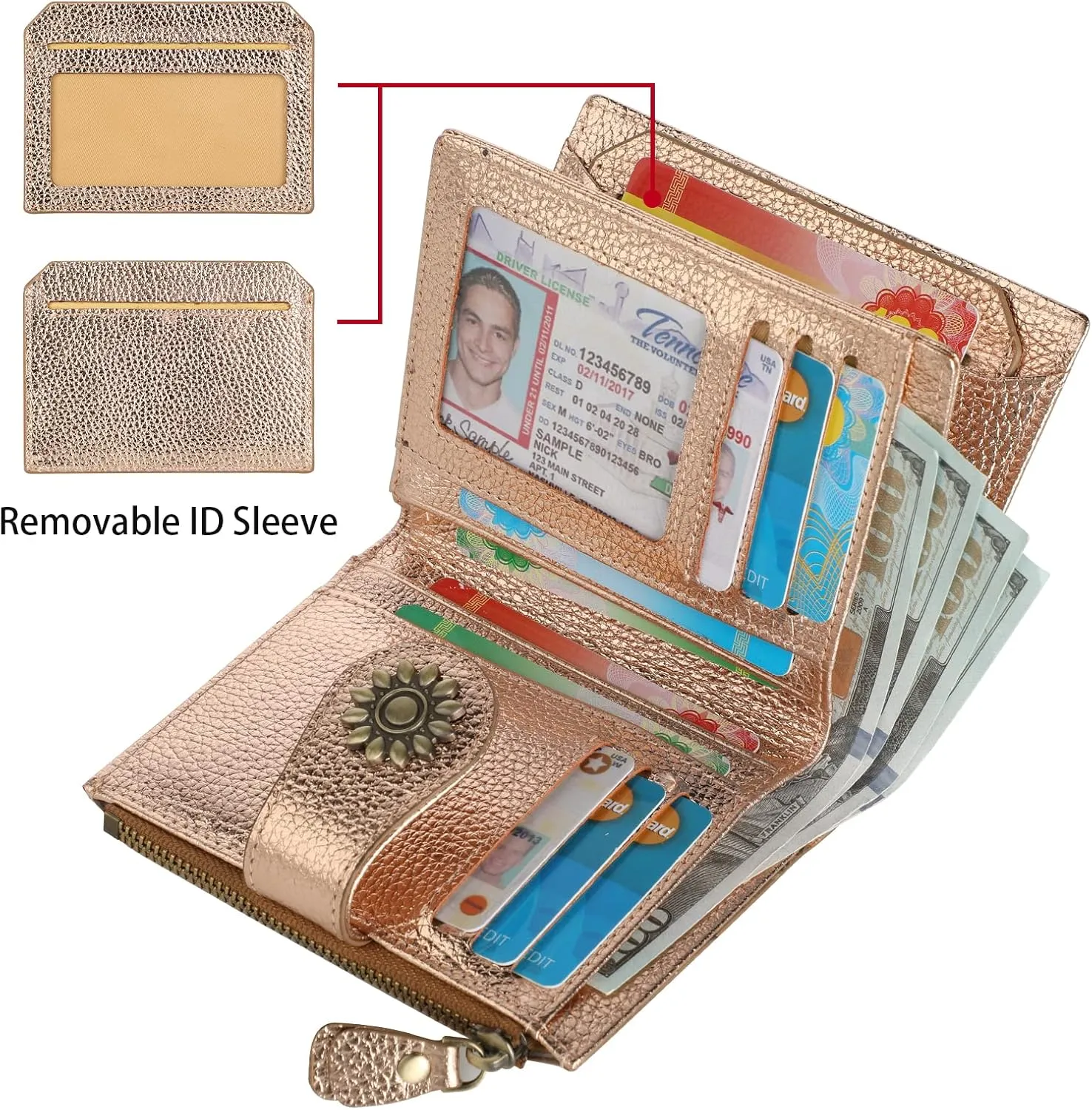 Lavemi Womens Leather Wallet Small Compact RFID Blocking Credit Card Case Purse with Zipper Pocket