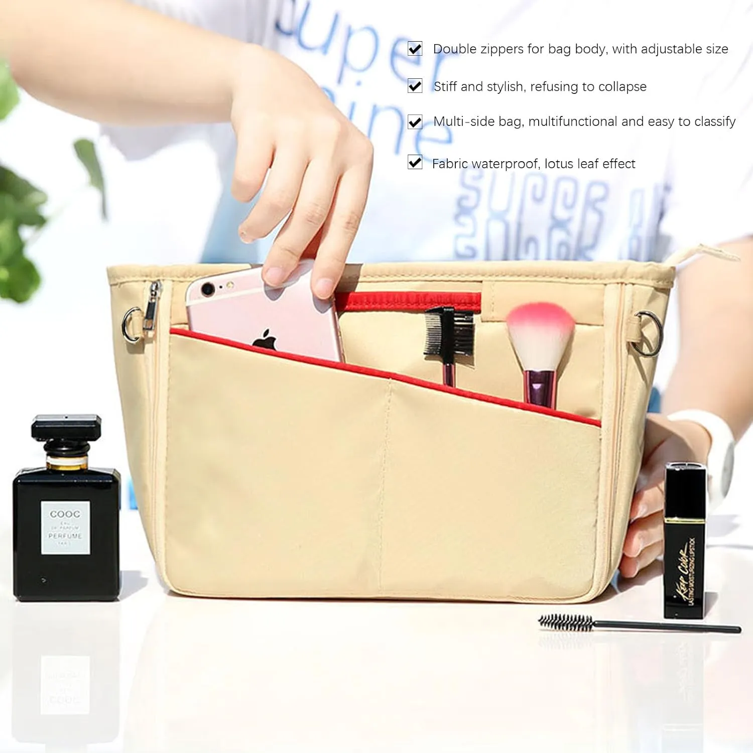 Lckaey Nylon Purse Organizer for neverfull Tote Handbag insert Organizers for longchamp and goyard tote insert 3096Khaki-S