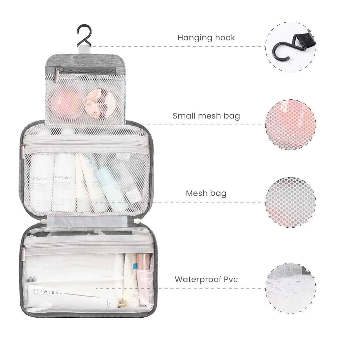 Lcsmaokin Large Capacity Toiletry Bag Travel Bag with Hanging Hook for Men and Women Waterproof Travel Cosmetic Bag Bathroom Storage Bag for Brushes Set,Full-Sized Shampoo,Toiletries,Accessories-Grey