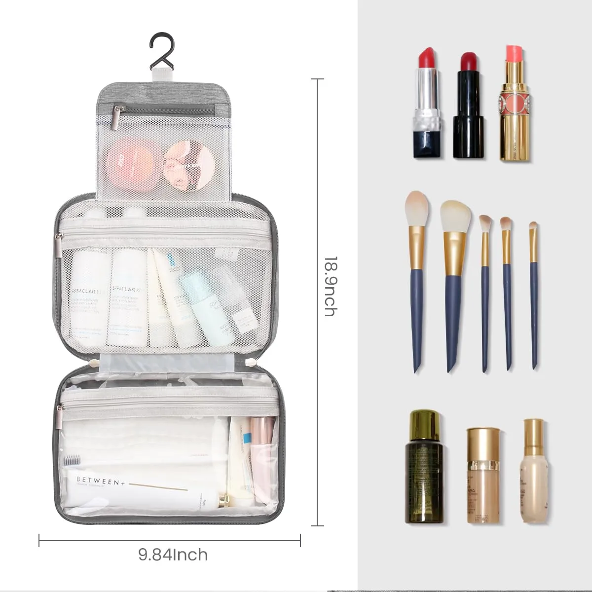 Lcsmaokin Large Capacity Toiletry Bag Travel Bag with Hanging Hook for Men and Women Waterproof Travel Cosmetic Bag Bathroom Storage Bag for Brushes Set,Full-Sized Shampoo,Toiletries,Accessories-Grey