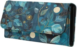 Leaf Texture Slim Wallet for Women Painting Leaf Branch PU Leather long Clutch Card Holder, Batik Art Ladies Leather Pocket Wallet with ID Window