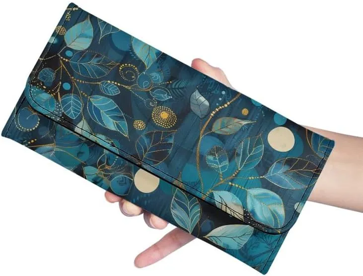 Leaf Texture Slim Wallet for Women Painting Leaf Branch PU Leather long Clutch Card Holder, Batik Art Ladies Leather Pocket Wallet with ID Window