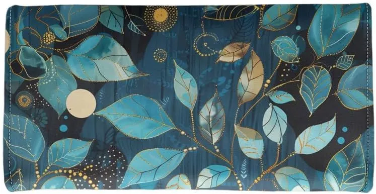 Leaf Texture Slim Wallet for Women Painting Leaf Branch PU Leather long Clutch Card Holder, Batik Art Ladies Leather Pocket Wallet with ID Window