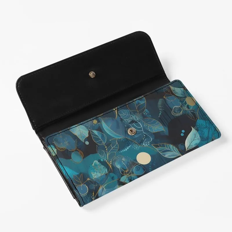 Leaf Texture Slim Wallet for Women Painting Leaf Branch PU Leather long Clutch Card Holder, Batik Art Ladies Leather Pocket Wallet with ID Window