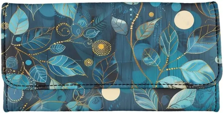 Leaf Texture Slim Wallet for Women Painting Leaf Branch PU Leather long Clutch Card Holder, Batik Art Ladies Leather Pocket Wallet with ID Window