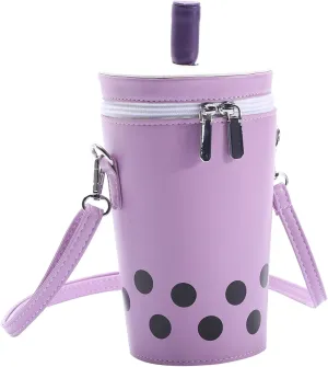 Leather Bags for Women, Cute Milk Tea Cup Shape Leather Purse with Straw, Crossbody Bag with Adjustable Strap, Zipper Shoulder Bag for Girls Women GiftsBags