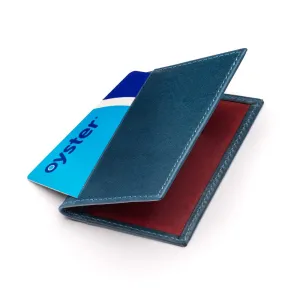 Leather Bifold Travel Card Wallet - Blue With Red
