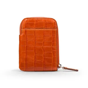 Leather Card Case With Zip - Orange Croc-Effect