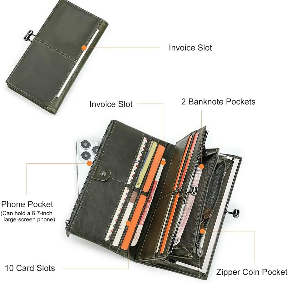 Leather Kiss Lock Purse for Women Vintage Kiss Clasp Wallet Coin Purse RFID Bifold Phone Clutch Wallet Card Holder