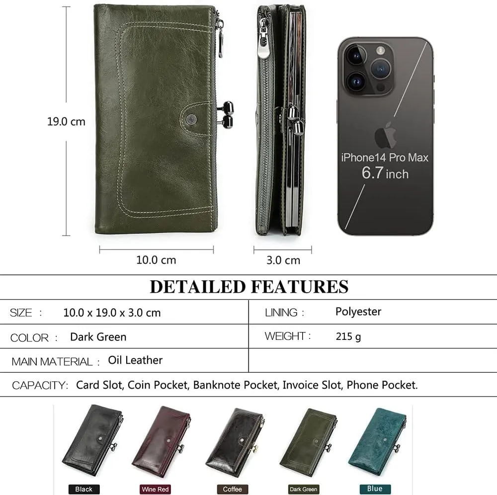 Leather Kiss Lock Purse for Women Vintage Kiss Clasp Wallet Coin Purse RFID Bifold Phone Clutch Wallet Card Holder