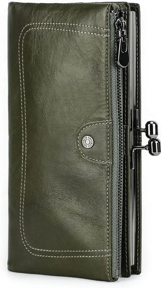 Leather Kiss Lock Purse for Women Vintage Kiss Clasp Wallet Coin Purse RFID Bifold Phone Clutch Wallet Card Holder