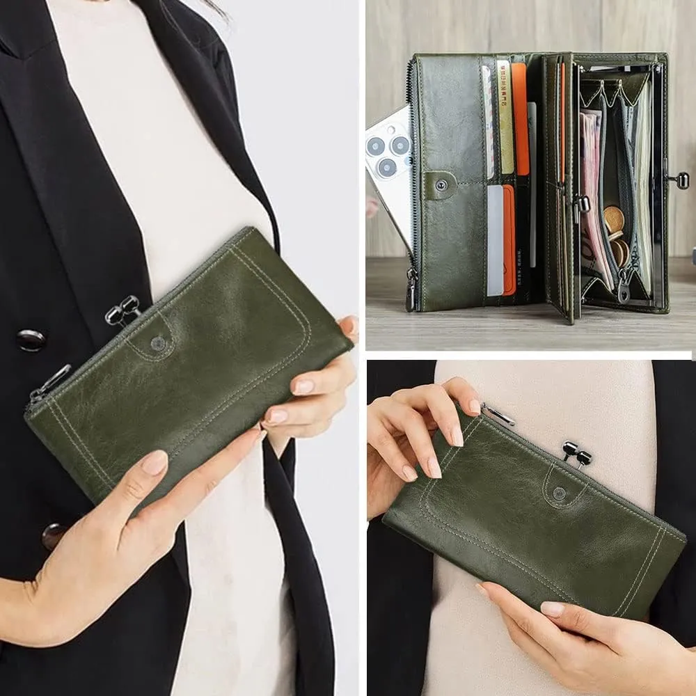 Leather Kiss Lock Purse for Women Vintage Kiss Clasp Wallet Coin Purse RFID Bifold Phone Clutch Wallet Card Holder