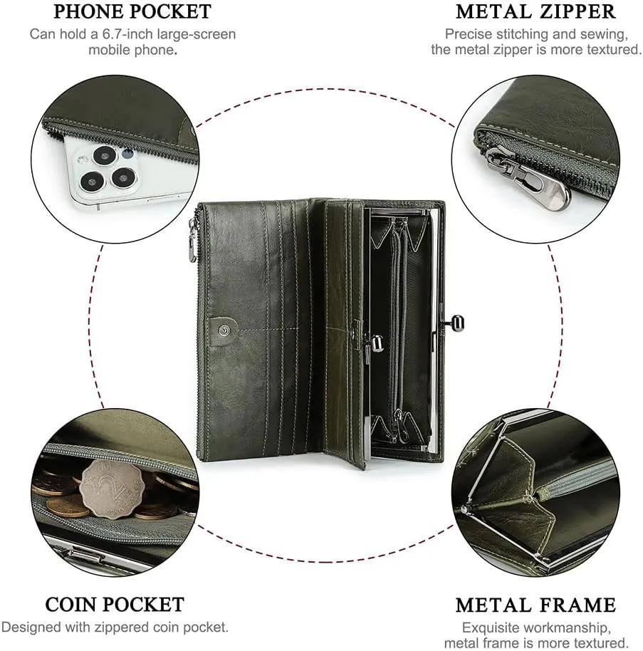 Leather Kiss Lock Purse for Women Vintage Kiss Clasp Wallet Coin Purse RFID Bifold Phone Clutch Wallet Card Holder