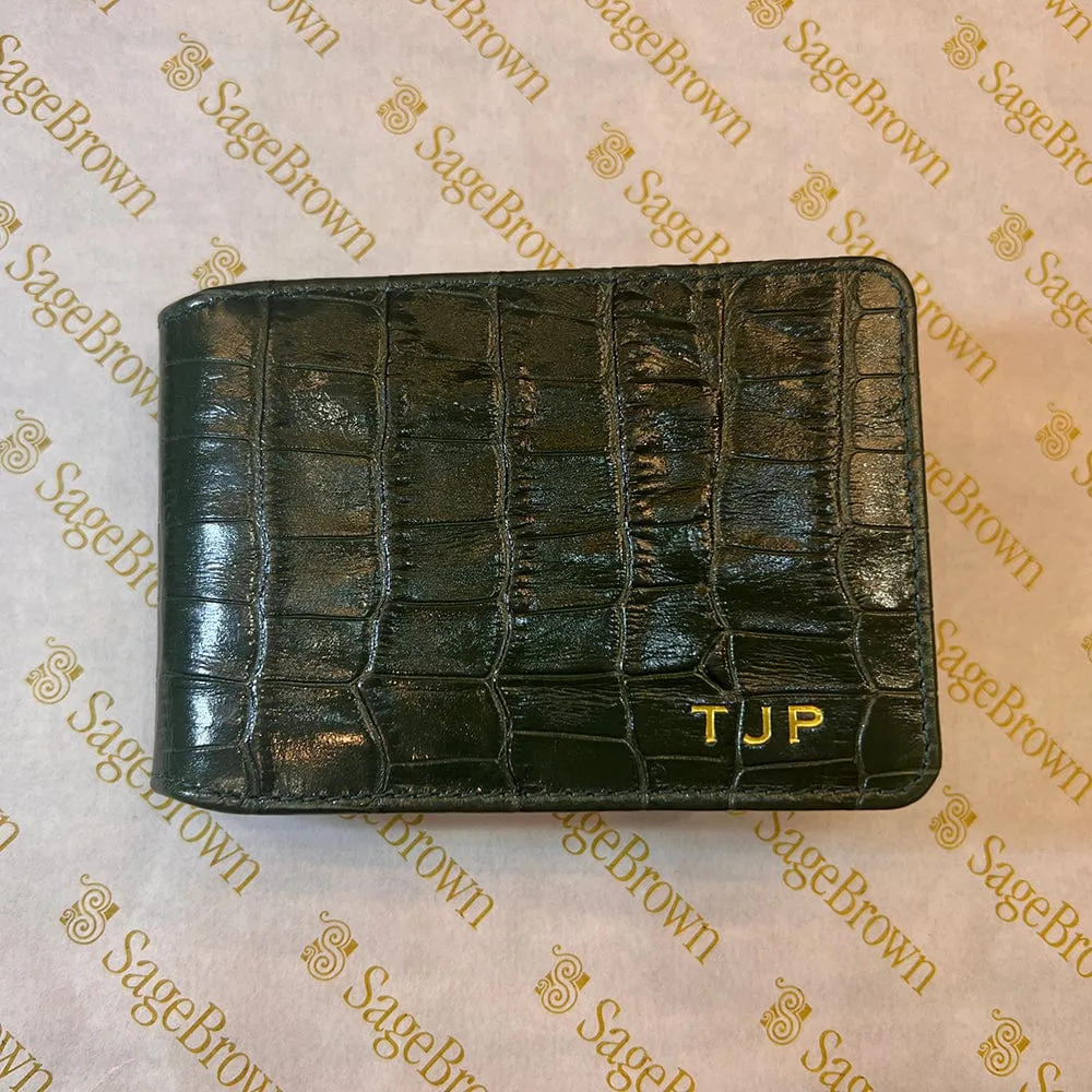 Leather Travel Card Wallet - Green Croc-Effect