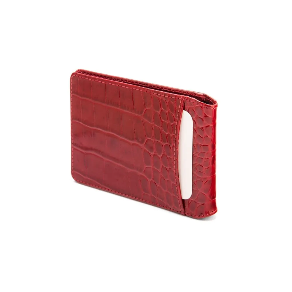 Leather Travel Card Wallet - Red Croc-Effect