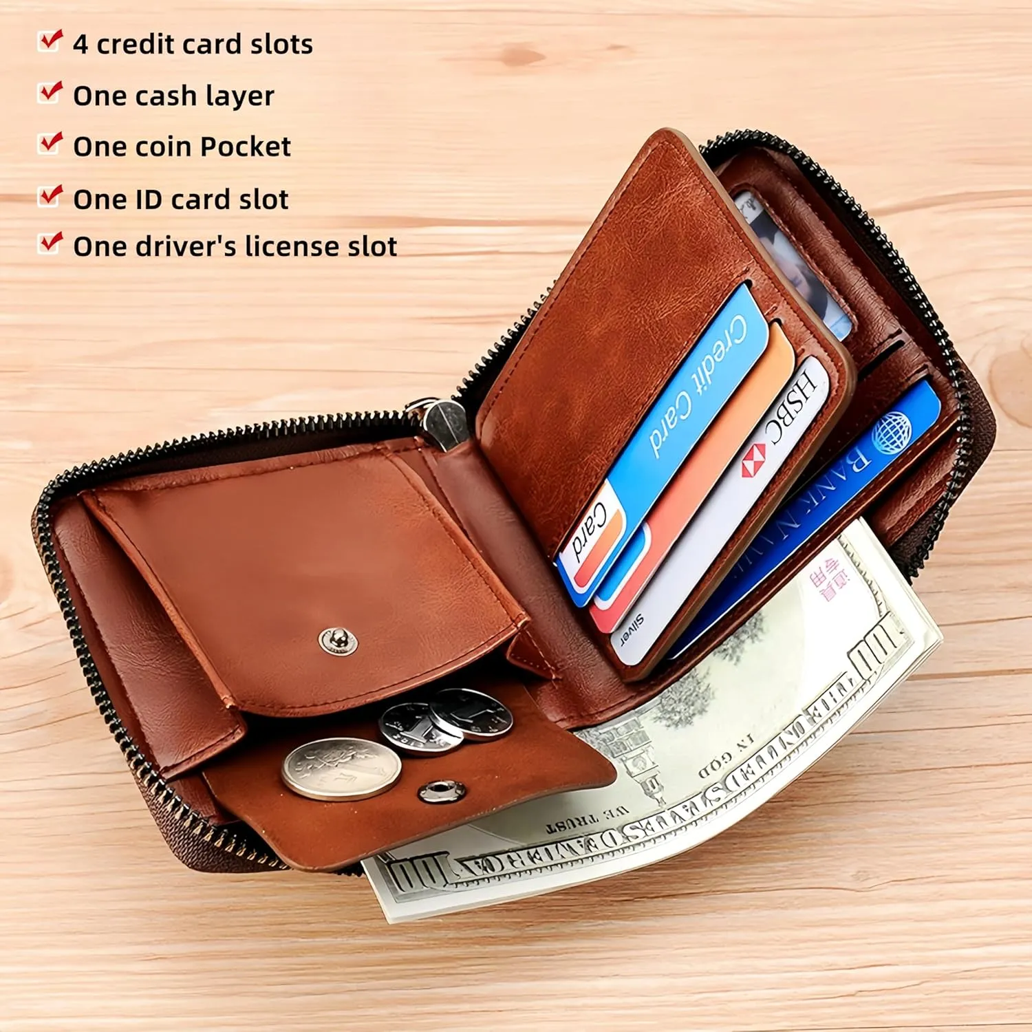 Leather Wallets for Men with RFID Blocking Multi Card Slot Separate ID Card window… (brown2002)