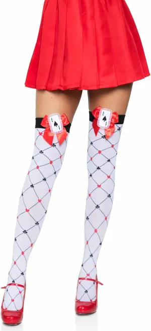 Leg Avenue Women's Woven Diamond Card Suit Thighs Highs, White/Red/Black, One Size