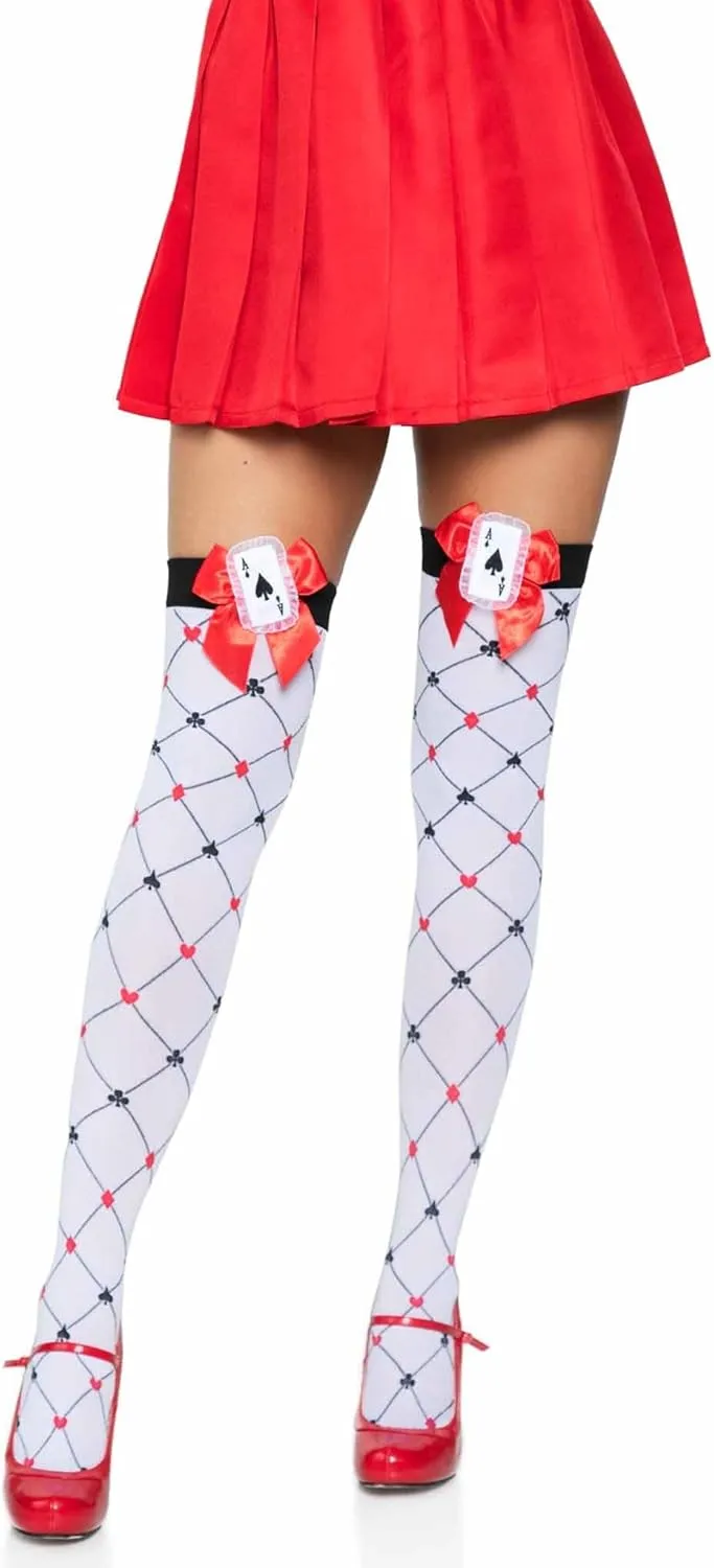 Leg Avenue Women's Woven Diamond Card Suit Thighs Highs, White/Red/Black, One Size