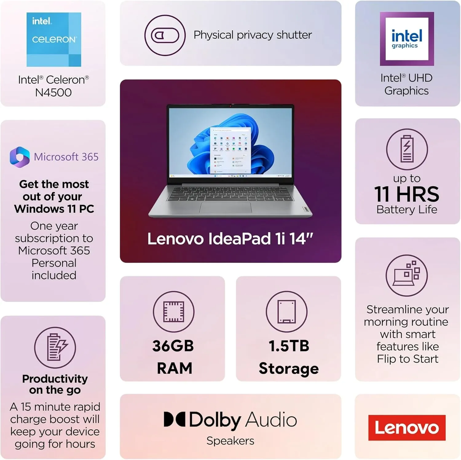 Lenovo IdeaPad 1i Laptop with Microsoft 365 • 36GB RAM • 1TB Cloud Storage and 512GB SSD • Intel Core • 14 Anti-Glare Screen • WiFi-6 • 11HR Battery • Windows 11 w/Earbuds