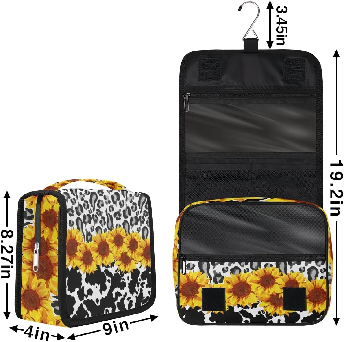 Leopard Cow Print Toiletry Bag for Women Men with Hanging Hook Sunflower Floral Travel Cosmetic Bag Makeup Case Shaving Bag Organizer Pouch Bathroom Shower Toiletries Accessories