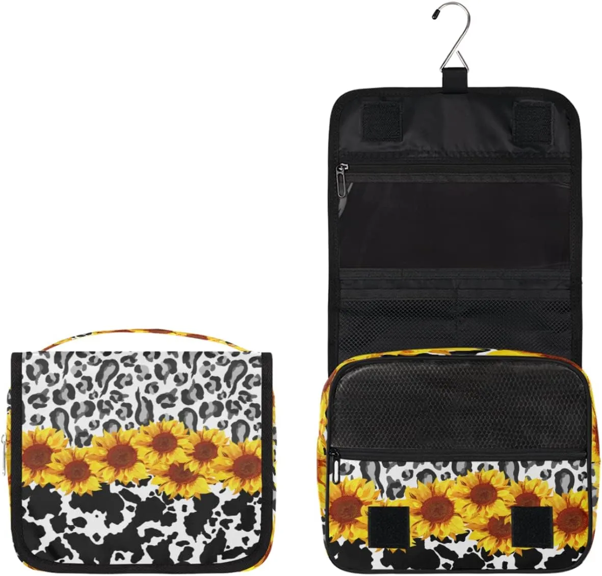 Leopard Cow Print Toiletry Bag for Women Men with Hanging Hook Sunflower Floral Travel Cosmetic Bag Makeup Case Shaving Bag Organizer Pouch Bathroom Shower Toiletries Accessories