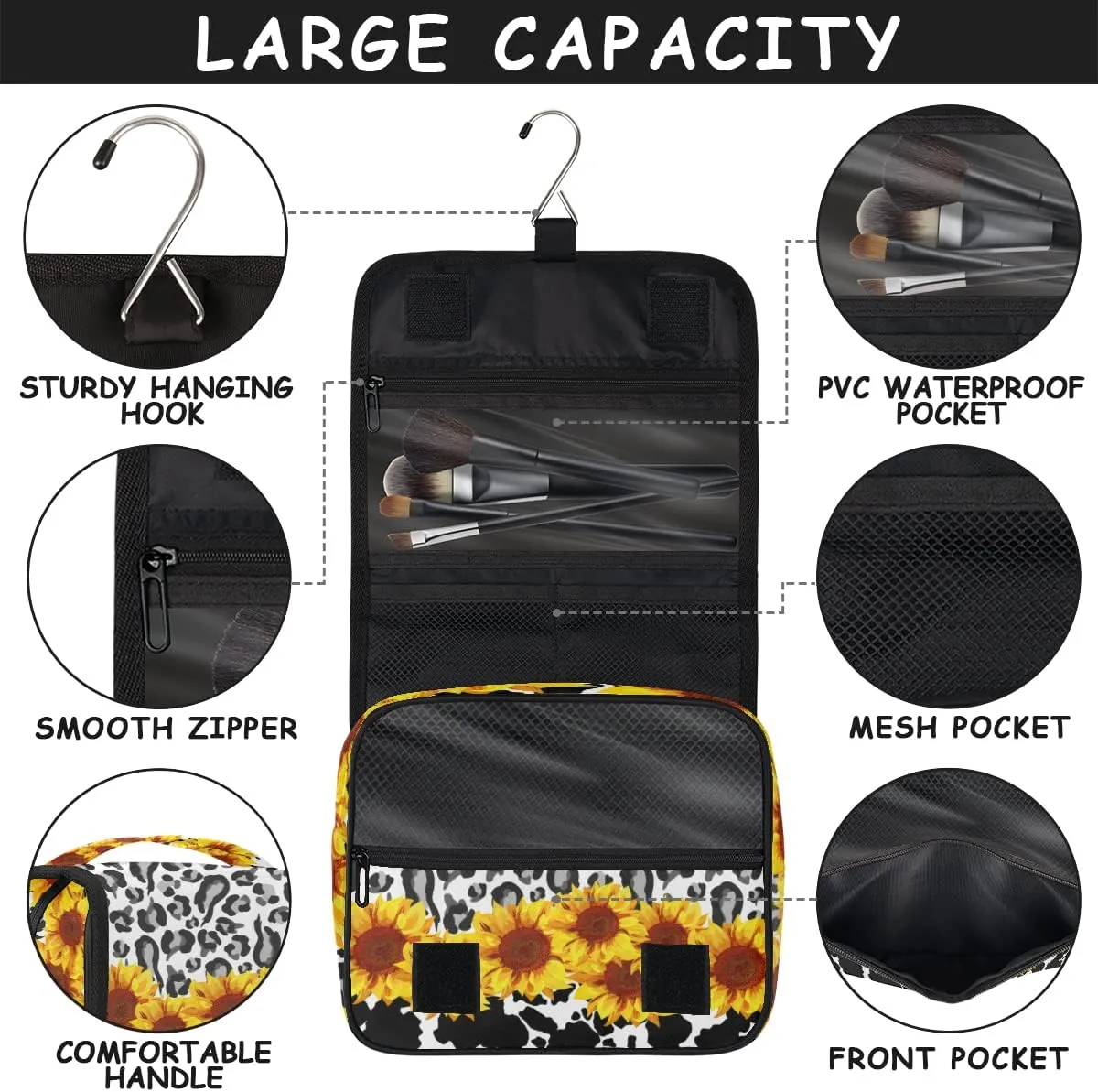 Leopard Cow Print Toiletry Bag for Women Men with Hanging Hook Sunflower Floral Travel Cosmetic Bag Makeup Case Shaving Bag Organizer Pouch Bathroom Shower Toiletries Accessories