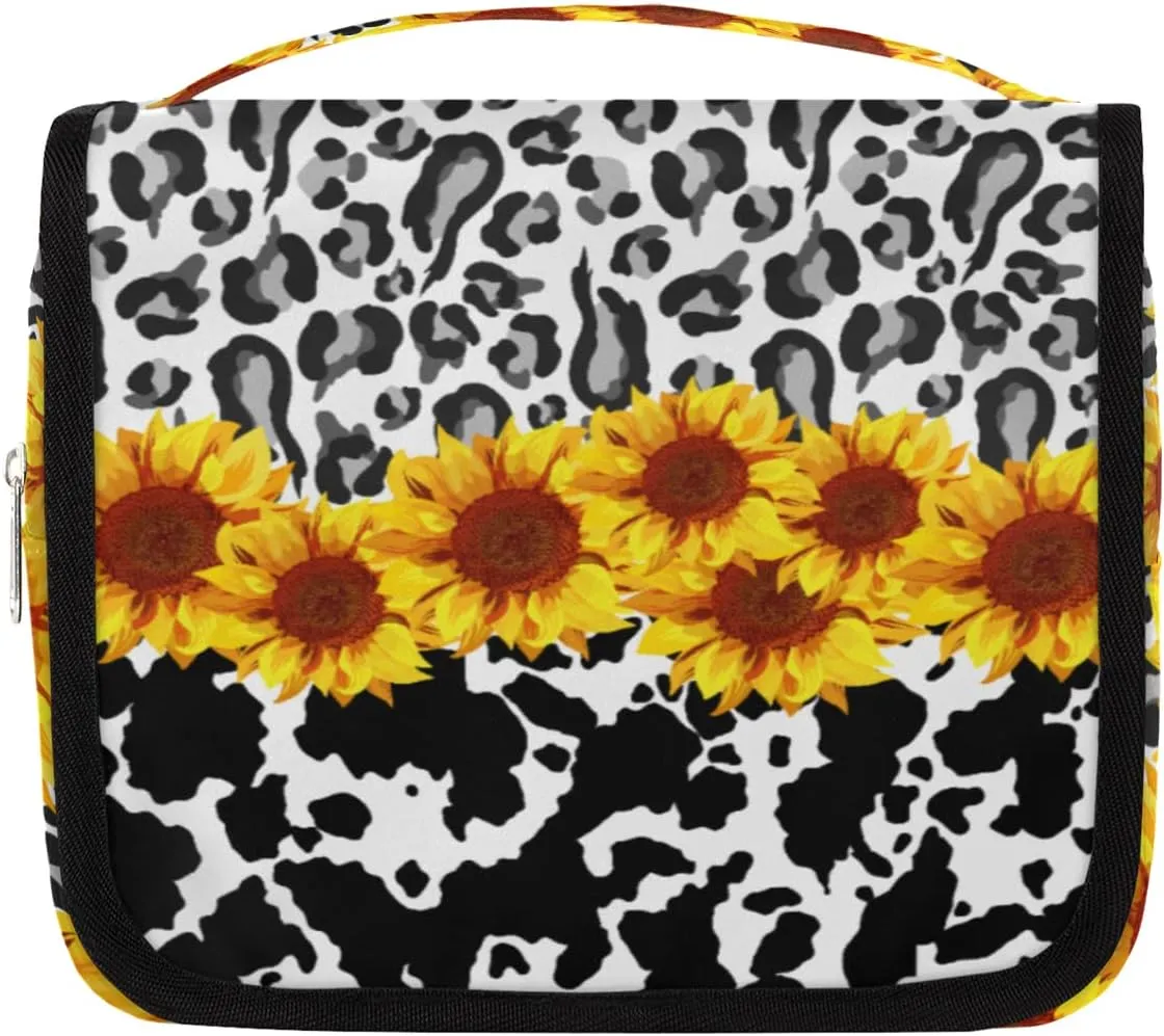 Leopard Cow Print Toiletry Bag for Women Men with Hanging Hook Sunflower Floral Travel Cosmetic Bag Makeup Case Shaving Bag Organizer Pouch Bathroom Shower Toiletries Accessories