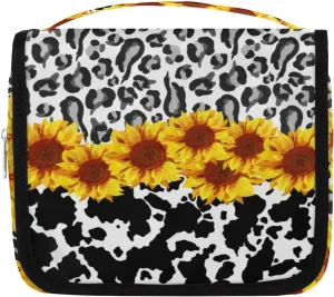 Leopard Cow Print Toiletry Bag for Women Men with Hanging Hook Sunflower Floral Travel Cosmetic Bag Makeup Case Shaving Bag Organizer Pouch Bathroom Shower Toiletries Accessories