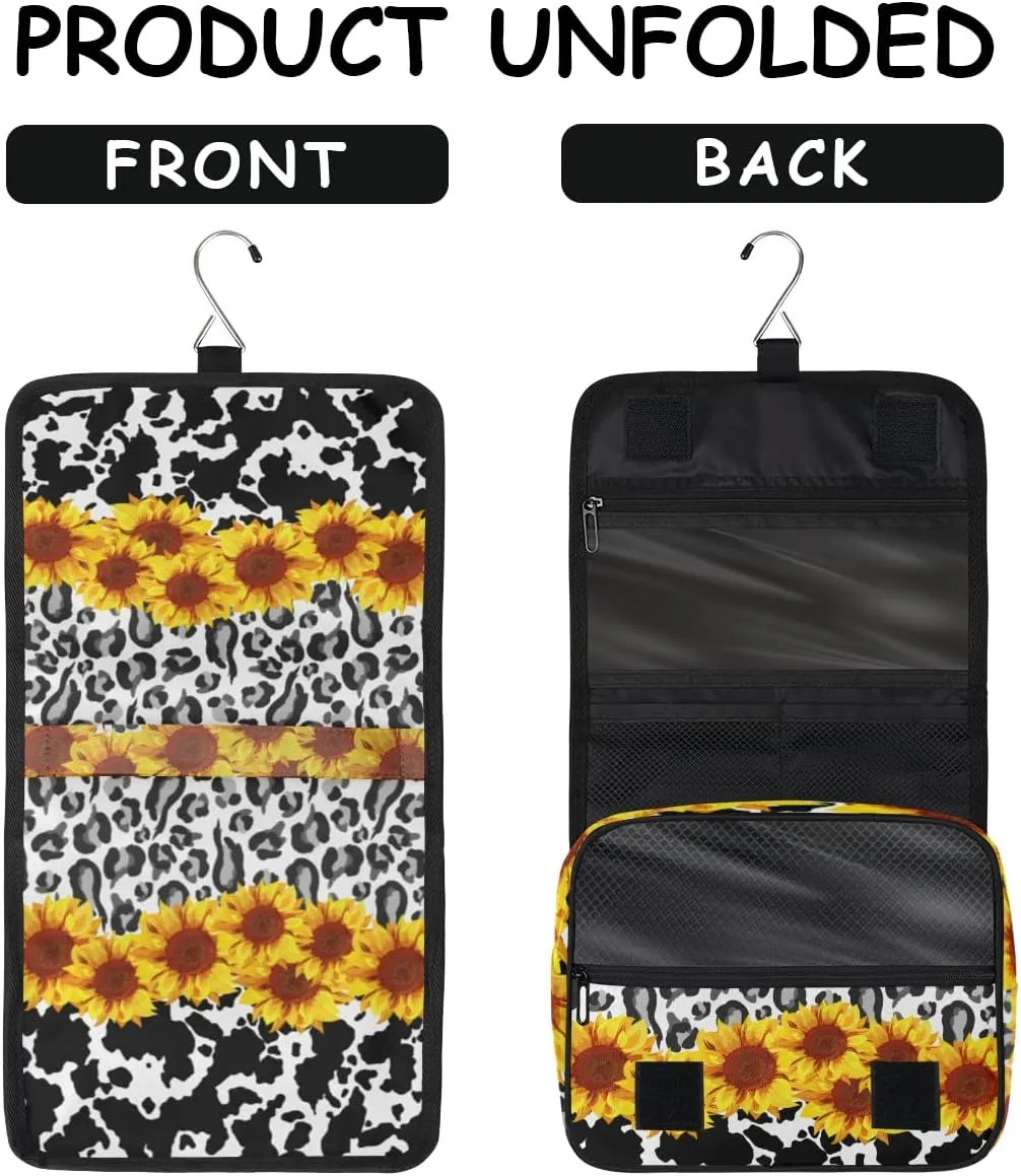 Leopard Cow Print Toiletry Bag for Women Men with Hanging Hook Sunflower Floral Travel Cosmetic Bag Makeup Case Shaving Bag Organizer Pouch Bathroom Shower Toiletries Accessories